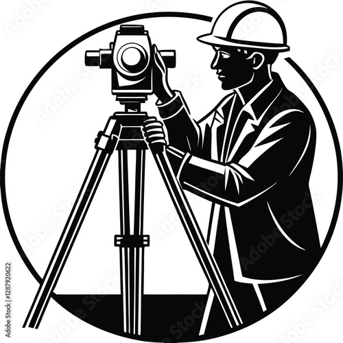 A civil engineer is setting up a theodolite surveying tool, carefully adjusting the instrument 