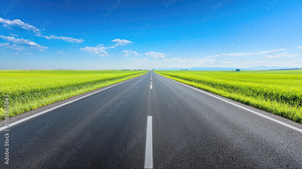 Wide road into distance, flanked by green fields and blue sky. High-definition, horizontal composition. Serene beauty. Wide road into distance, flanked by green fields and blue sky. High-definition, horizontal composition. Serene beauty.