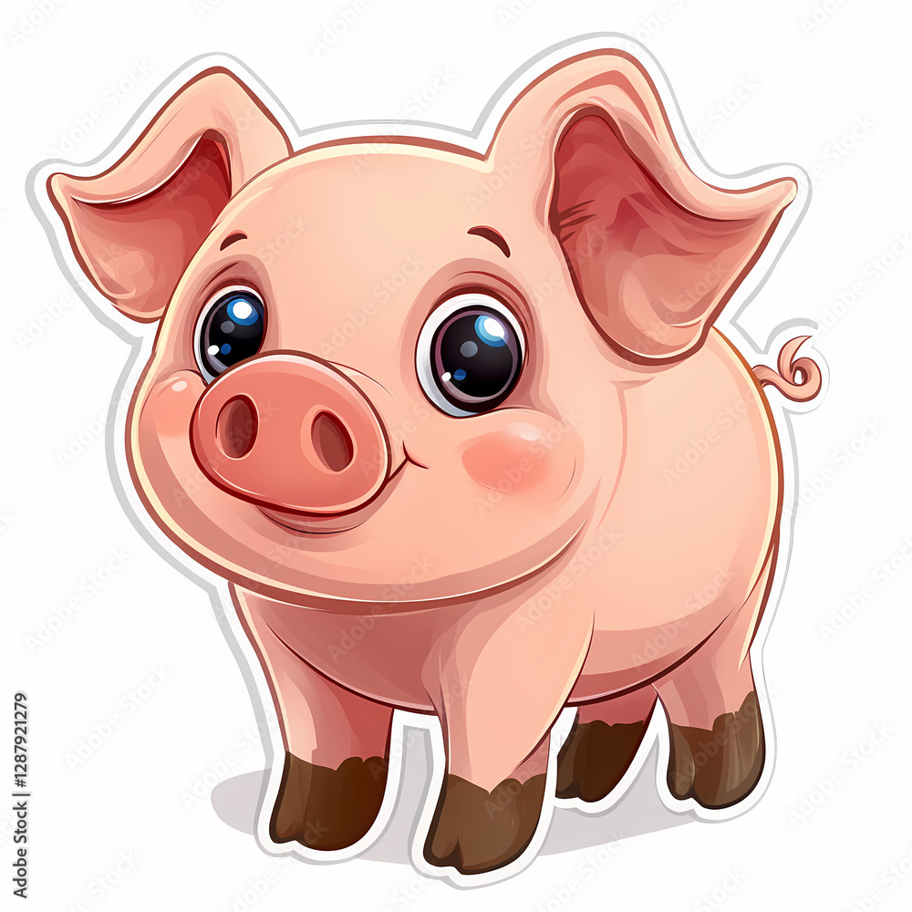 A charming cartoon piglet with large eyes and a delightful smile stands cheerfully A charming cartoon piglet with large eyes and a delightful smile stands cheerfully