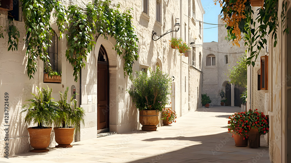 Fototapeta premium Sunlit Mediterranean Alleyway with Terracotta Pots and Lush Greenery