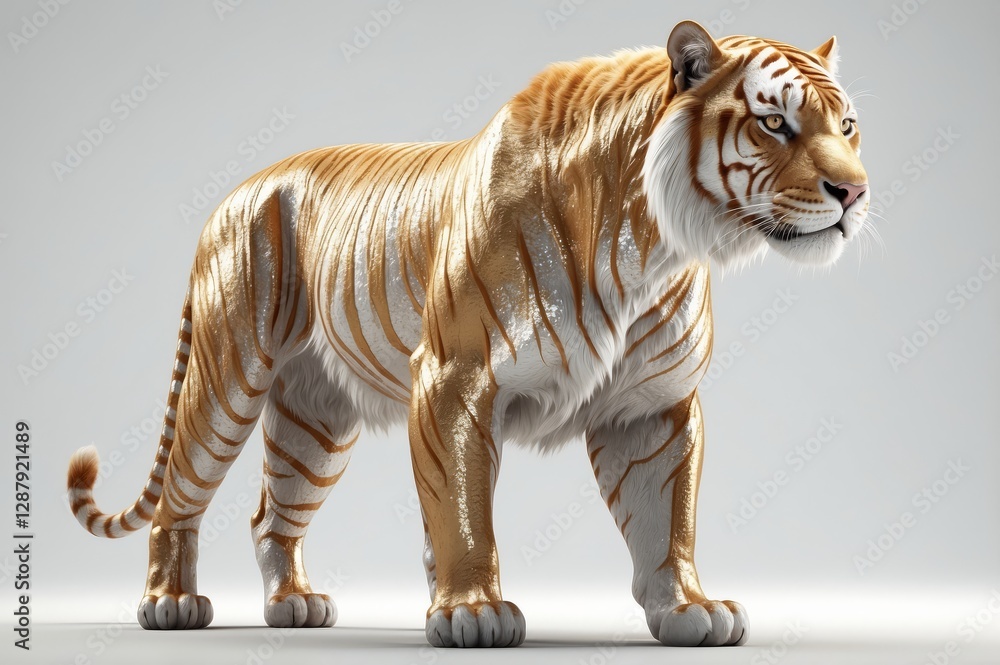 Obraz premium Majestic golden tiger standing, facing right, on a neutral background.