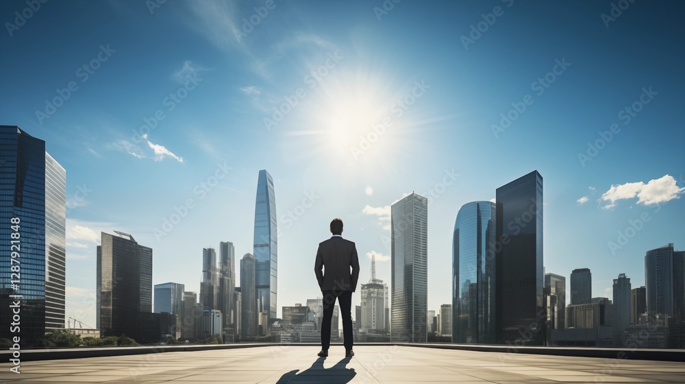 Businessman standing in front of skyscrapers on a sunny day with a blue sky and a panoramic view. Generative ai Businessman standing in front of skyscrapers on a sunny day with a blue sky and a panoramic view. Generative ai