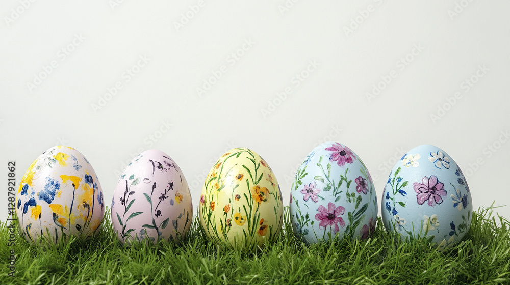 Whimsical pastel Easter eggs with floral designs on grass Whimsical pastel Easter eggs with floral designs on grass