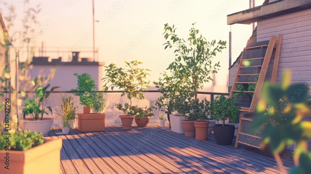 Fototapeta premium Serene Rooftop Garden With Varied Plants And Wooden Accents