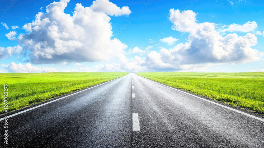 Wide road into distance, flanked by green fields and blue sky. High-definition, horizontal composition. Serene beauty. Wide road into distance, flanked by green fields and blue sky. High-definition, horizontal composition. Serene beauty.