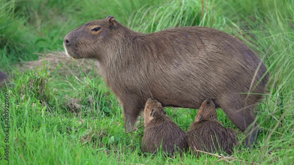 A heartwarming close-up shot captures two baby capybaras breastfeeding from their mother in their natural habitat, showcasing a tender moment of wildlife bonding, maternal love, and nurturing. A heartwarming close-up shot captures two baby capybaras breastfeeding from their mother in their natural habitat, showcasing a tender moment of wildlife bonding, maternal love, and nurturing.