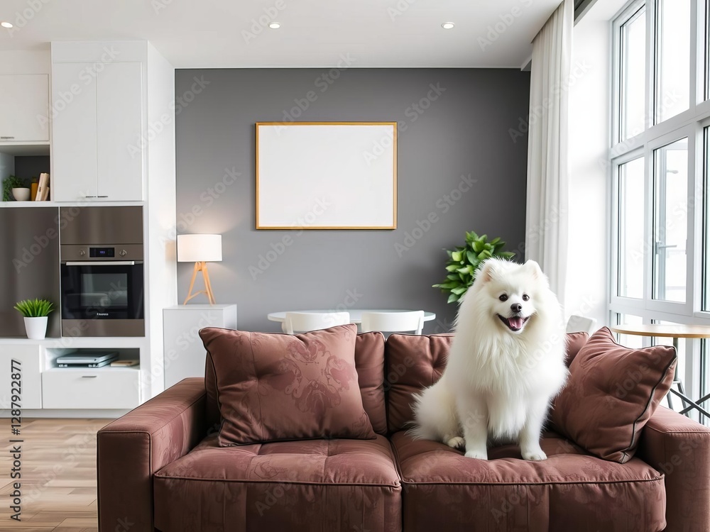 White fluffy Samoyed dog lying next to a modern gray sofa in a cozy apartment setting, modern, decor, fluffy White fluffy Samoyed dog lying next to a modern gray sofa in a cozy apartment setting, modern, decor, fluffy