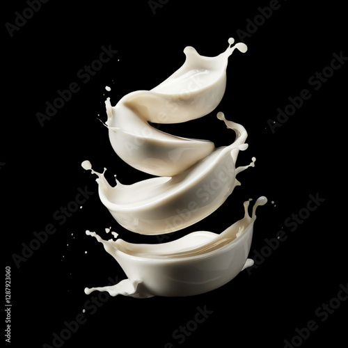 liquid splash of creamy white yogurt floating in the air, isolated on solid black background