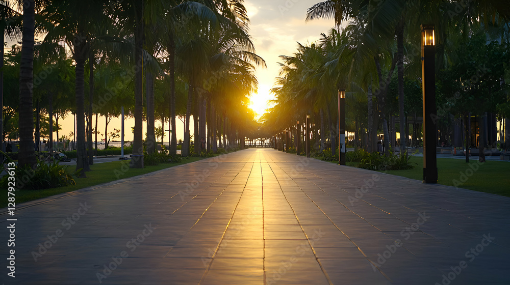 Obraz premium Sunlit Pathway Through Tropical Trees at Sunset