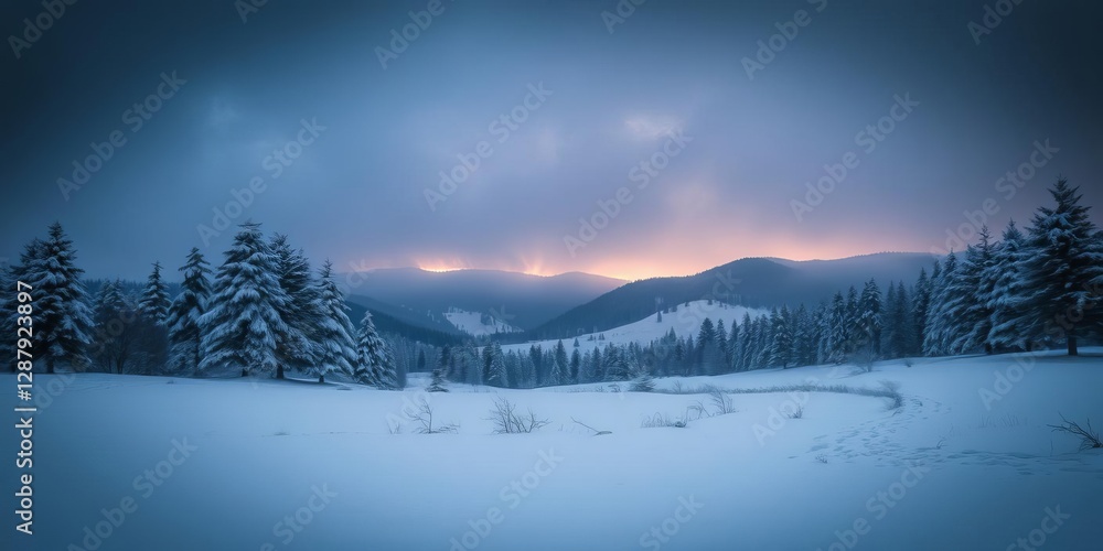 Fototapeta premium Winter landscape of Carpathian Ukraine with snowy trees and dramatic lighting, perfect for holiday-themed dairy product advertising, lighting, landscape, snowy