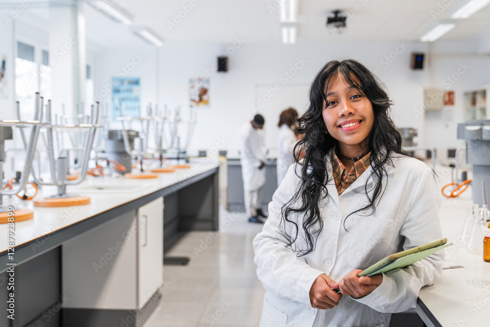 Fototapeta premium Young female chemistry student smiling in university lab