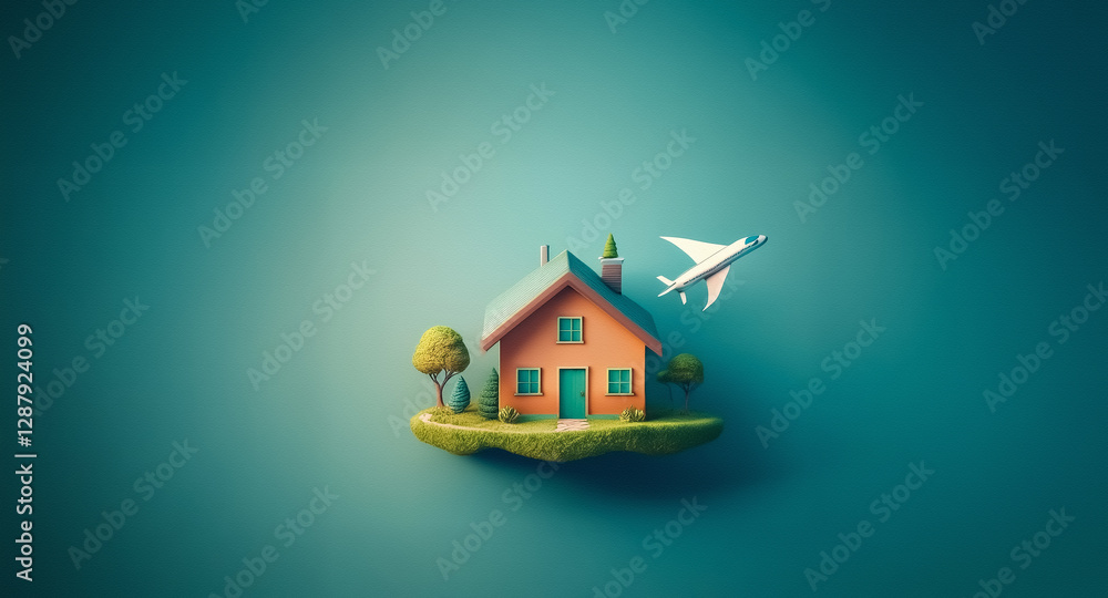 A whimsical scene of a cozy house on a floating island, surrounded by greenery, with a plane soaring overhead against a serene blue backdrop. A whimsical scene of a cozy house on a floating island, surrounded by greenery, with a plane soaring overhead against a serene blue backdrop.