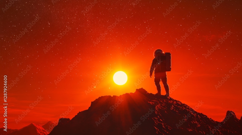 Fototapeta premium Astronaut standing on rocky terrain with bright red sunset and starry sky. Space exploration and adventure concept