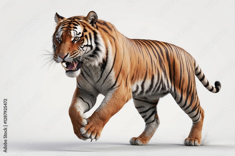 Obraz premium Majestic tiger walking, snarling, isolated on white background.
