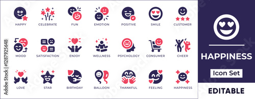 Flat happiness icon set featuring joy, positivity, well-being, mental peace, smiling faces, celebrations, emotional wellness, and cheerful expressions.