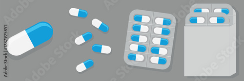 Flat icons of pills isolated on background. Package. Plate. Vector illustration, on a gray background, blue