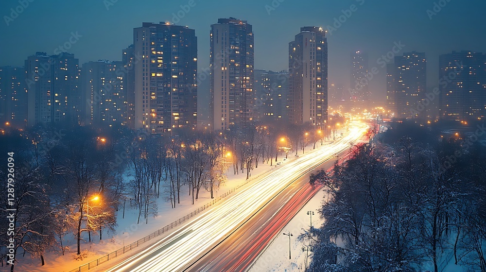 Obraz premium City highway at night, snow, urban scene, light trails