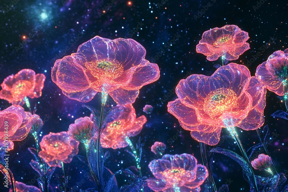 Blooming planet full of vibrant flowers set against a cosmic backdrop Blooming planet full of vibrant flowers set against a cosmic backdrop