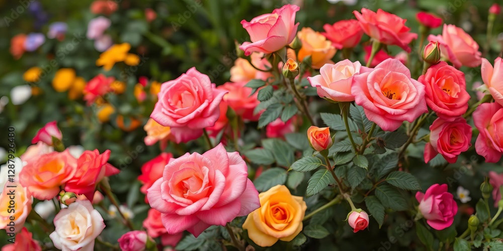 Woman standing in front of a lush background of red and pink roses, blooming, summer, romance Woman standing in front of a lush background of red and pink roses, blooming, summer, romance