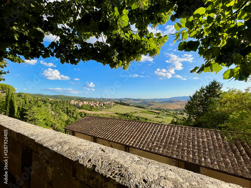 Panoramic view of Tuscany from the city of San Casciano dei Bagni Siena Tuscany Italy. Bright sky