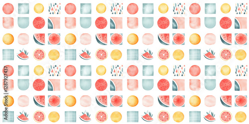 Colorful seamless pattern featuring fruits and geometric shapes on a light background. Generative AI