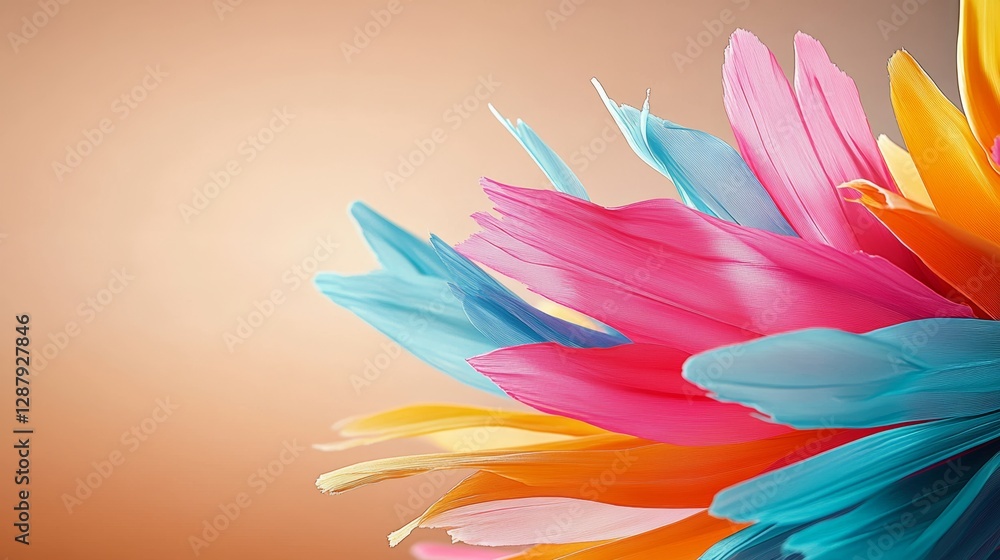 Colorful flower with a yellow center and pink, blue, and purple petals. The flower is surrounded by a light brown background Colorful flower with a yellow center and pink, blue, and purple petals. The flower is surrounded by a light brown background