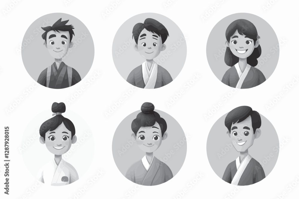 A set of simple vector icons featuring round-framed portrait avatars of male and female workers wearing traditional Japanese sports uniforms.
A set of simple vector icons featuring round-framed portrait avatars of male and female workers wearing traditional Japanese sports uniforms.