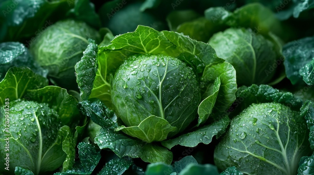 Fototapeta premium Bunch of green cabbage with droplets of water on it. Concept of freshness and vitality, as the water droplets on the leaves give the impression of a recently harvested crop
