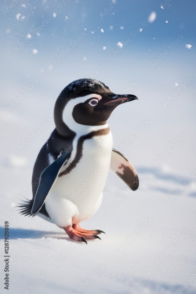 Fototapeta premium little penguin walk on the snow with a blue sky background