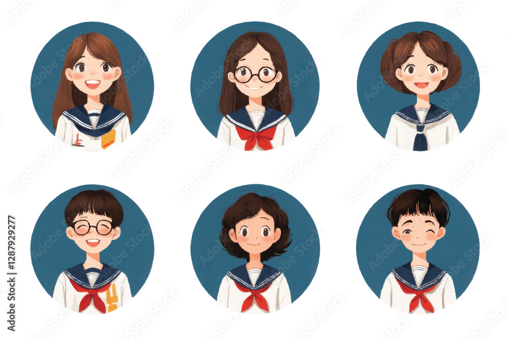 A set of simple, round avatar icons featuring male and female high school students in traditional Japanese sailor uniforms.
A set of simple, round avatar icons featuring male and female high school students in traditional Japanese sailor uniforms.