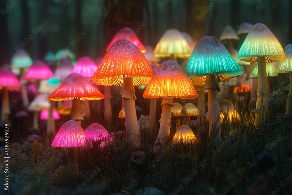 Fototapeta premium Vibrant bioluminescent mushrooms illuminate a mystical forest pathway during twilight hours