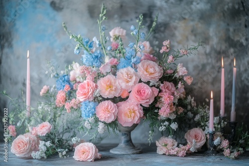 A centerpiece of pink and blue flowers in a gray urn, flanked by lit pink and gray candles in dark candle holders. The arrangement sits on a textured gray surface against a mottled gray backdrop photo