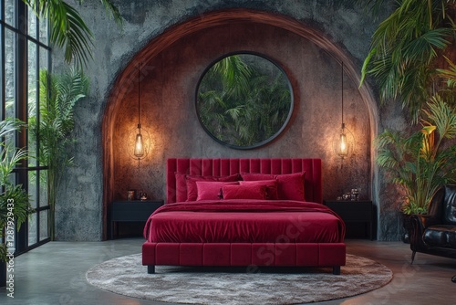 A red velvet bed is centered in a room with a textured gray wall, arched alcoves, round mirror reflecting greenery, and hanging pendant lights. Tropical plants flank the bed photo