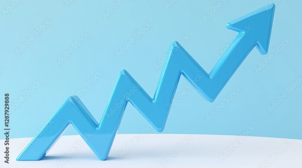 Glossy Blue Zigzag Arrow Rising on White Platform Glossy Blue Zigzag Arrow Rising on White Platform