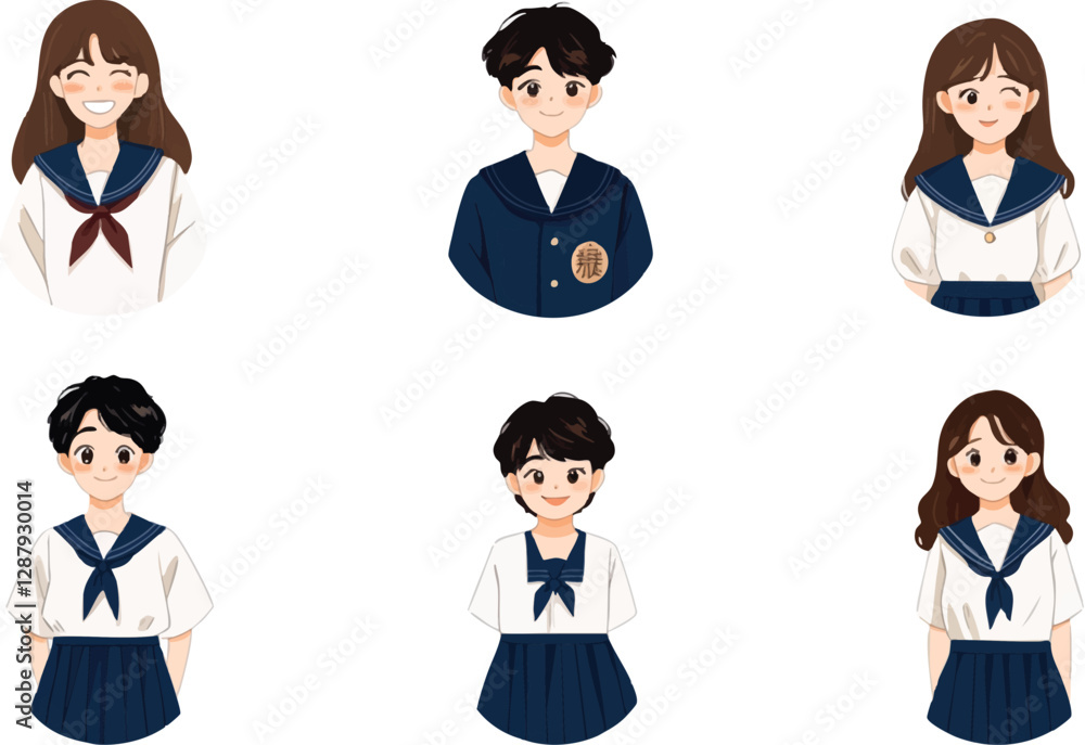 A set of simple, round avatar icons featuring male and female high school students in traditional Japanese sailor uniforms.
A set of simple, round avatar icons featuring male and female high school students in traditional Japanese sailor uniforms.