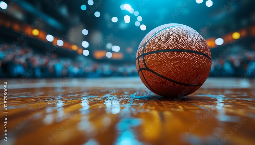 Orange Basketball on a Basketball Court with a Blurred Audience Orange Basketball on a Basketball Court with a Blurred Audience