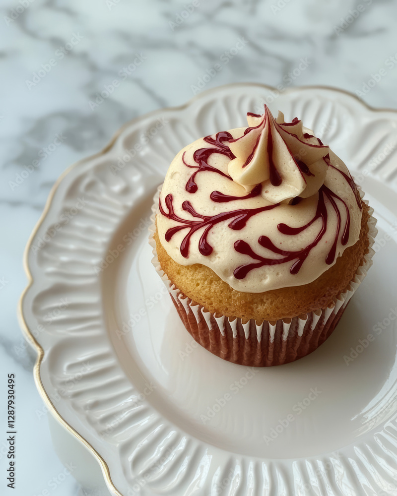 Cupcake with patterned frosting on a decorative plate