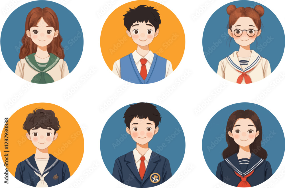 A collection of round avatar icons illustrating male and female Japanese high school students dressed in classic sailor-style uniforms A collection of round avatar icons illustrating male and female Japanese high school students dressed in classic sailor-style uniforms