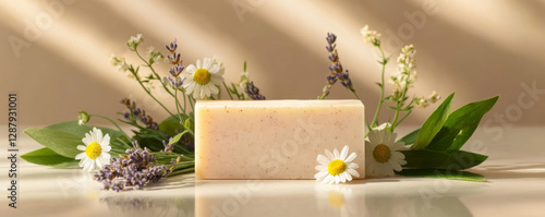 Natural Handmade Soap with Herbs and Flowers on Pastel Background photo