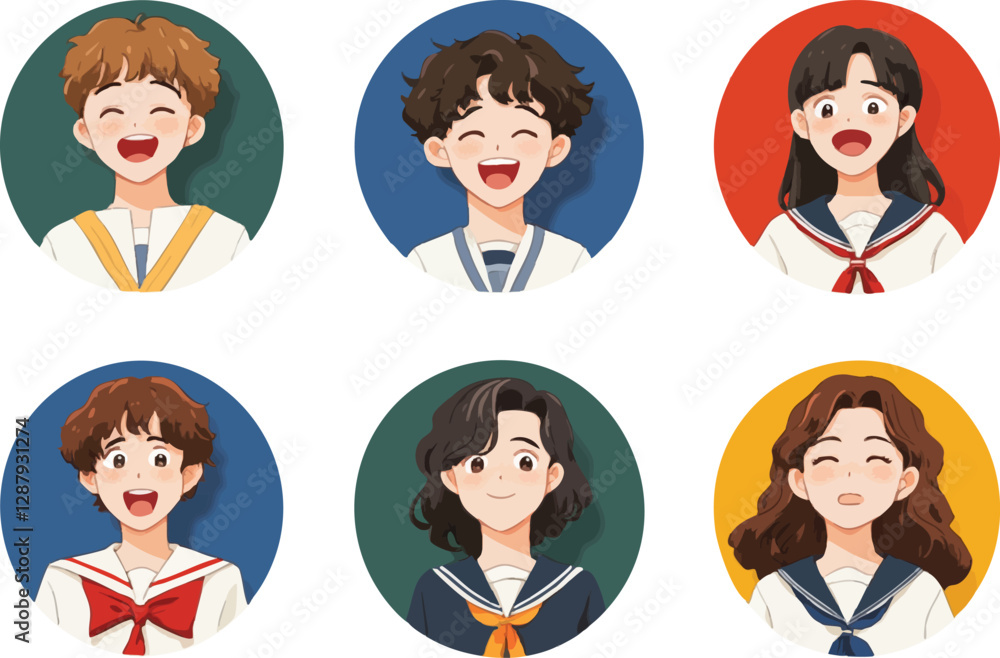 A collection of round avatar icons illustrating male and female Japanese high school students dressed in classic sailor-style uniforms A collection of round avatar icons illustrating male and female Japanese high school students dressed in classic sailor-style uniforms