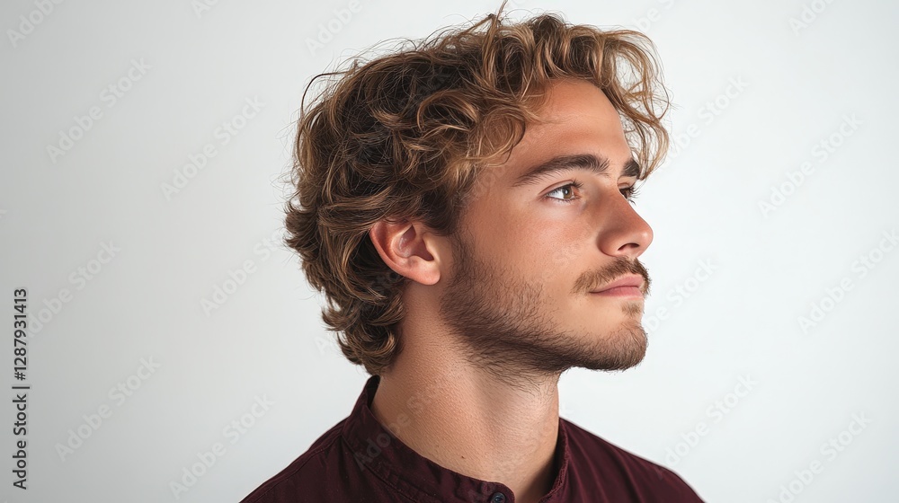 A professional profile side portrait photograph of an attractive man in his mid-20s with curly blonde hair and a mustache, wearing a dark red shirt and standing against a white background A professional profile side portrait photograph of an attractive man in his mid-20s with curly blonde hair and a mustache, wearing a dark red shirt and standing against a white background