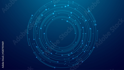 Abstract blue technology background. Circle circuit wires. AI concept. Big data flow elements. Tech bg. AI chip or semiconductor backdrop. Futuristic motherboard. Vector illustration.