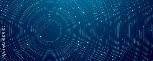 Abstract technology background. Thin line circuit circle wires in blue on tech bg. AI concept. Computer innovation dark navy backdrop. Digital futuristic banner. Vector illustration.