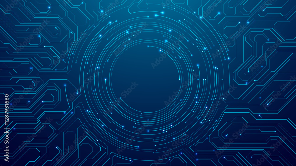 Obraz premium Abstract futuristic blue background with circle circuit wires on an electronics board. Artificial intelligence concept. A dark navy computer motherboard. Tech bg. AI chip. Digital vector illustration.