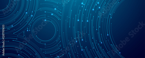 AI technology concept. Circle circuit wires on a dark blue motherboard background. Big data flow. Computer and electronics pattern on a navy backdrop. Abstract tech bg. Digital vector illustration.