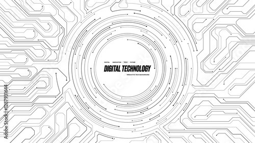 Abstract black circle line wires on a white circuit board. AI chip concept. Technology background. Computer electronics circuit texture or pattern. Futuristic tech bg. Digital vector illustration