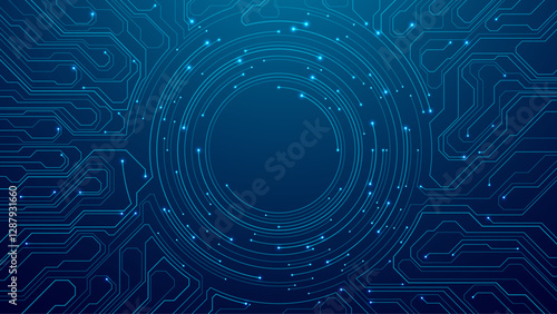 Abstract futuristic blue background with circle circuit wires on an electronics board. Artificial intelligence concept. A dark navy computer motherboard. Tech bg. AI chip. Digital vector illustration.