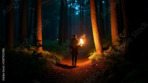 Walking in the dark forest with a torch