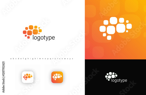 Abstract brain, orange digital blocks logo. Represents digital technology, communication, and innovation. Ideal for data analytics, networking, AI, blockchain, education, and medtech. Vector logo