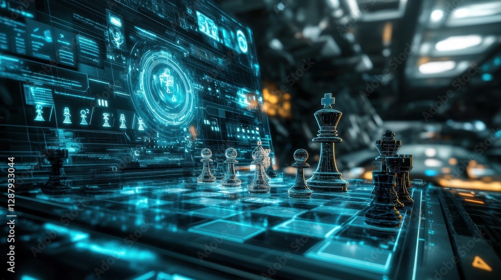 Digital chess game with holographic pieces illuminated in a dark futuristic setting. Digital chess game with holographic pieces illuminated in a dark futuristic setting.